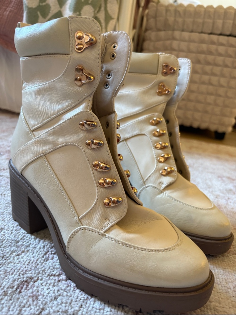Women’s Cream High-Heel Hiker Boots with Gold Hardware